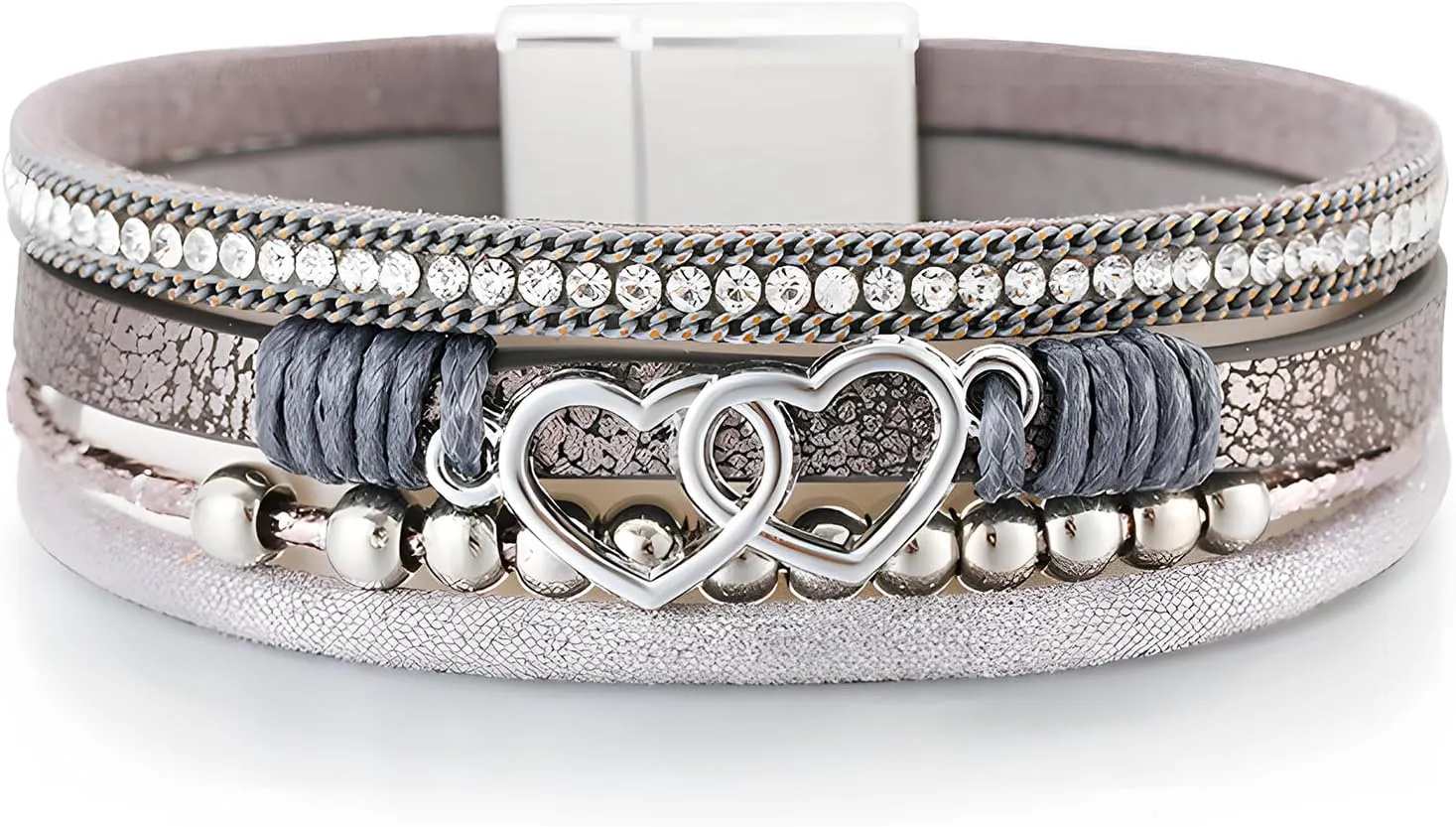Heart Wrap Leather Bracelets for Women, Multi-Layer Boho Cuff Bangle with Pearl Crystal Beads Chain Stackable Bangles Anniversary Mother's Day Birthday Christmas Jewelry Gifts for Her