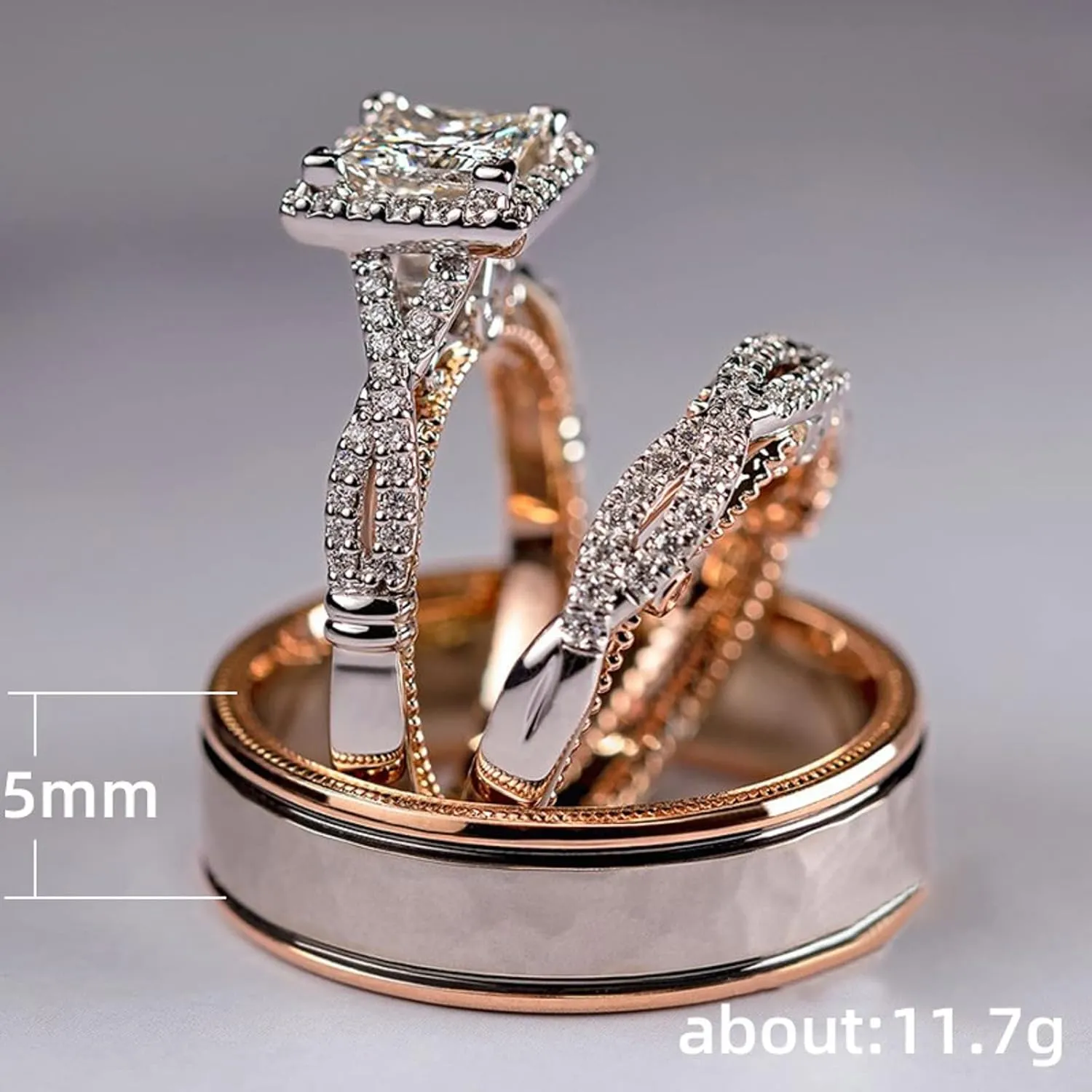 HengSun Promise Rings for Couples Set, 3 pc His and Her Wedding Ring Set, Hypoallergenic Rose Gold Imitation Diamond Ring Set, Cubic Zirconia CZ Bride Promise Rings Set, Size 6-10 (8)