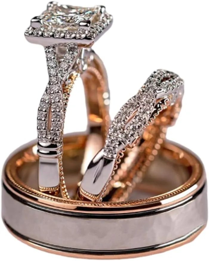 HengSun Promise Rings for Couples Set, 3 pc His and Her Wedding Ring Set, Hypoallergenic Rose Gold Imitation Diamond Ring Set, Cubic Zirconia CZ Bride Promise Rings Set, Size 6-10 (8)