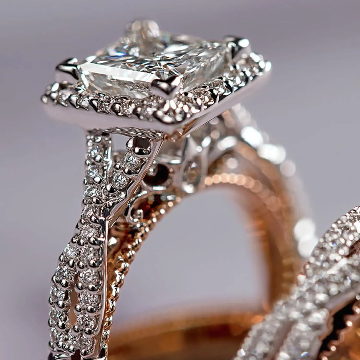 HengSun Promise Rings for Couples Set, 3 pc His and Her Wedding Ring Set, Hypoallergenic Rose Gold Imitation Diamond Ring Set, Cubic Zirconia CZ Bride Promise Rings Set, Size 6-10 (8)
