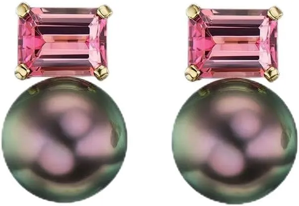 Hi Pearl Stud Earrings for Women 10MM Natural Black Pearl Earrings with Hypoallergenic 925 Sterling Silver Post 6X4MM Emerald Cut Pink Moissanite Stud Earrings Black Pearl Jewelry Gifts
