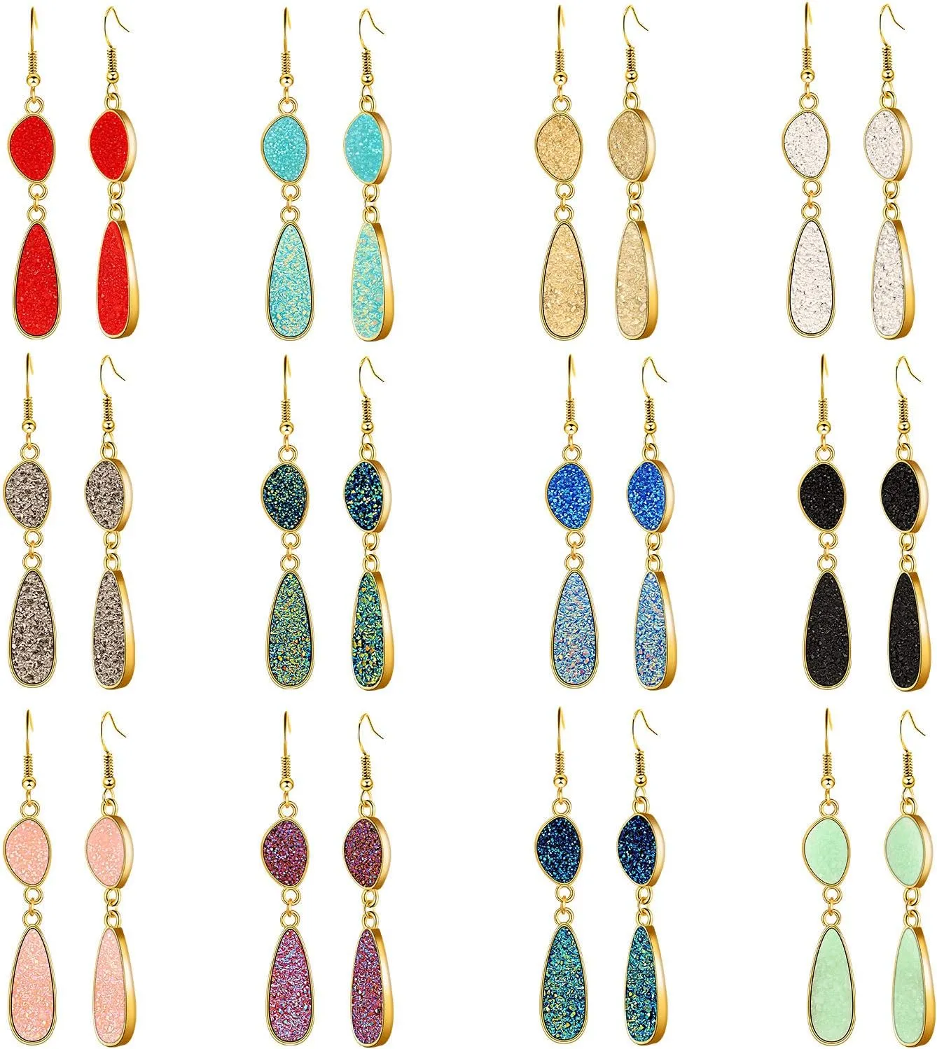 Hicarer 12 Pairs Faux Druzy Drop Earrings Crystal Pendant Dangle Multicolor Stainless Steel Earrings for Women