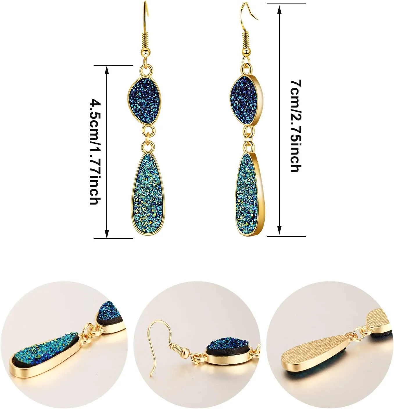 Hicarer 12 Pairs Faux Druzy Drop Earrings Crystal Pendant Dangle Multicolor Stainless Steel Earrings for Women