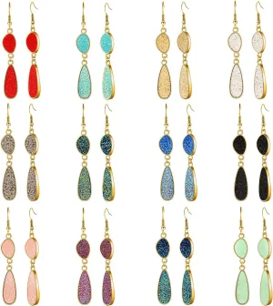 Hicarer 12 Pairs Faux Druzy Drop Earrings Crystal Pendant Dangle Multicolor Stainless Steel Earrings for Women