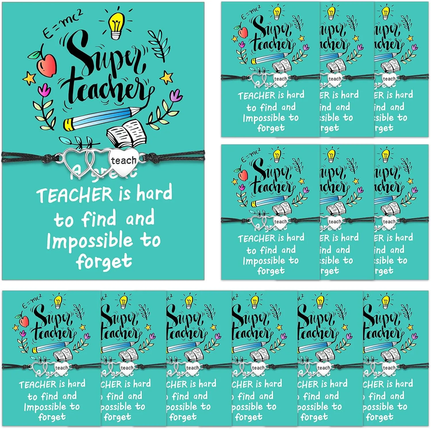 Highergo 12 Pcs Teacher Bracelets Bulk Teacher Appreciation Gifts for Women Men Blessing Card Adjustable Bracelets Teaching Wish Bangles for Thank You Appreciation Idea Gifts Graduation Birthday