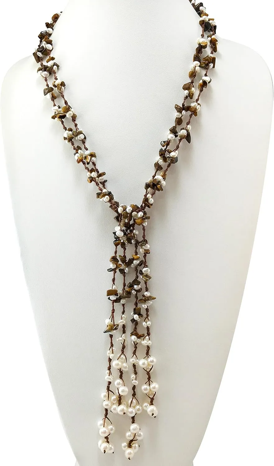HinsonGayle 2-Strand Gemstone & Genuine Freshwater Cultured Pearl Lariat Necklace (8 Color Styles)