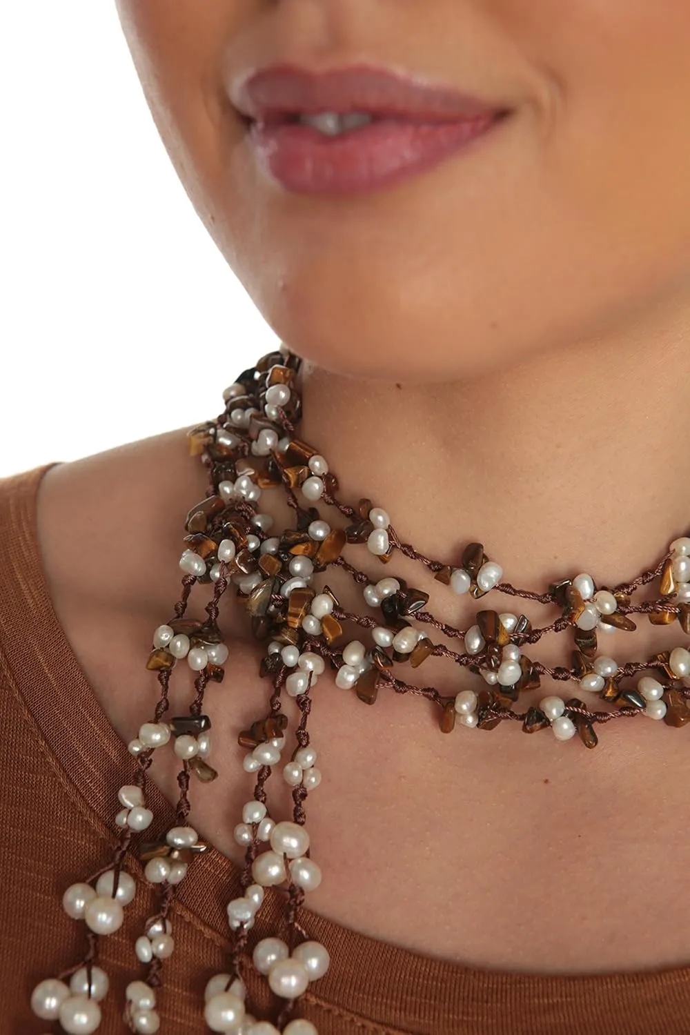 HinsonGayle 2-Strand Gemstone & Genuine Freshwater Cultured Pearl Lariat Necklace (8 Color Styles)