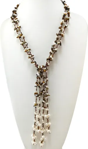 HinsonGayle 2-Strand Gemstone & Genuine Freshwater Cultured Pearl Lariat Necklace (8 Color Styles)