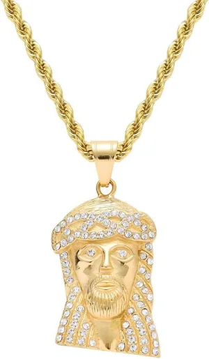 Hip Hop Iced Out Rhinestone Crystal JESUS Christ Piece Head Face Pendants Necklaces Gold Chain for Men Stainless Steel Rope Chain
