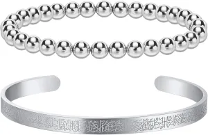 Hisatan Ramadan Eid Gifts for Women, 2 Pcs Gold Allah Ayatul Kursi Cuff Bracelet, Arabic Islamic Muslim Womens Stacking Bangle Beads Bracelet Jewelry with Gift Box