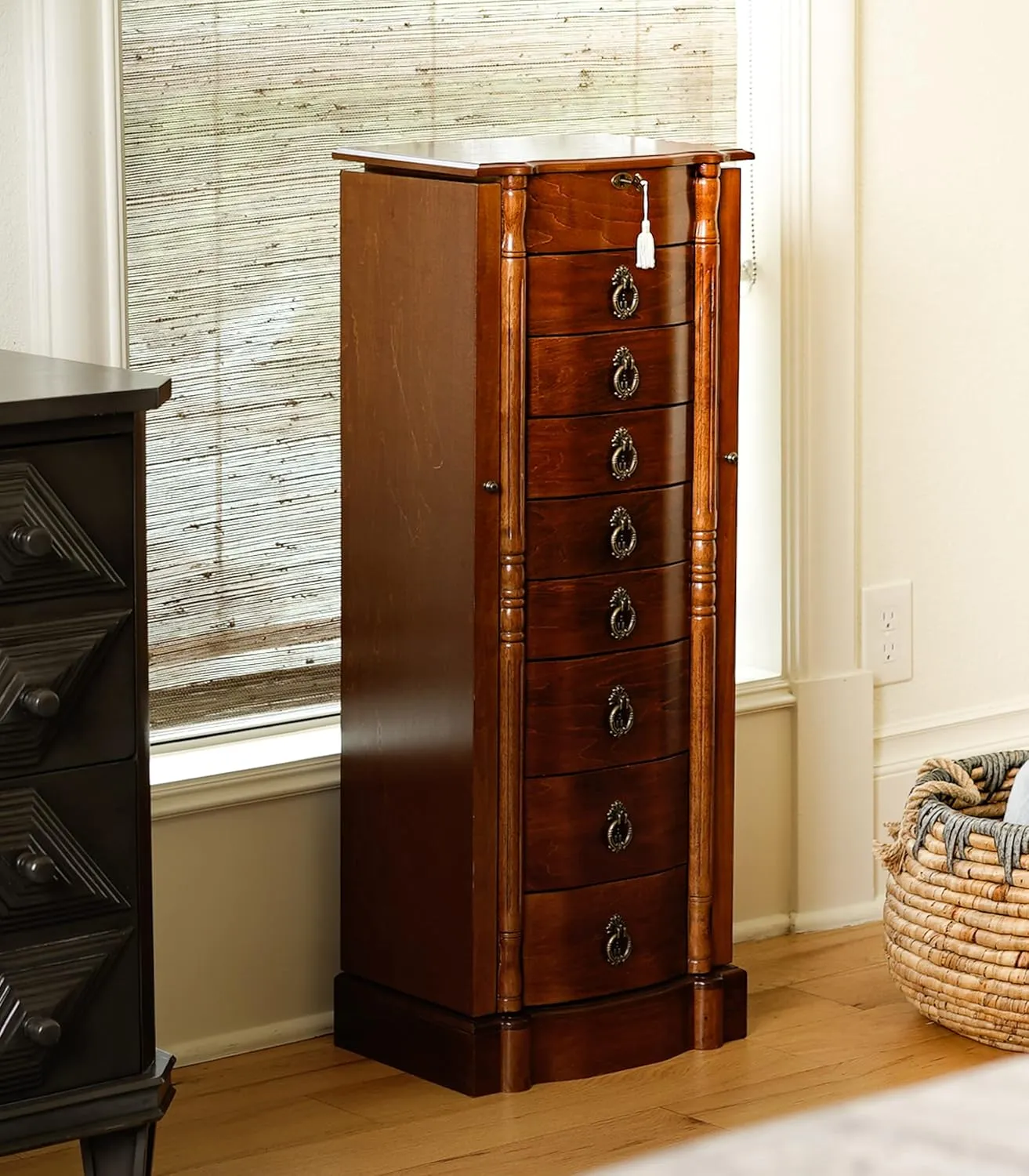 Hives and Honey Robyn Antique Style Locking Storage for Organized 38" H x 14" W x 10" D Jewelry Armoire, Walnut