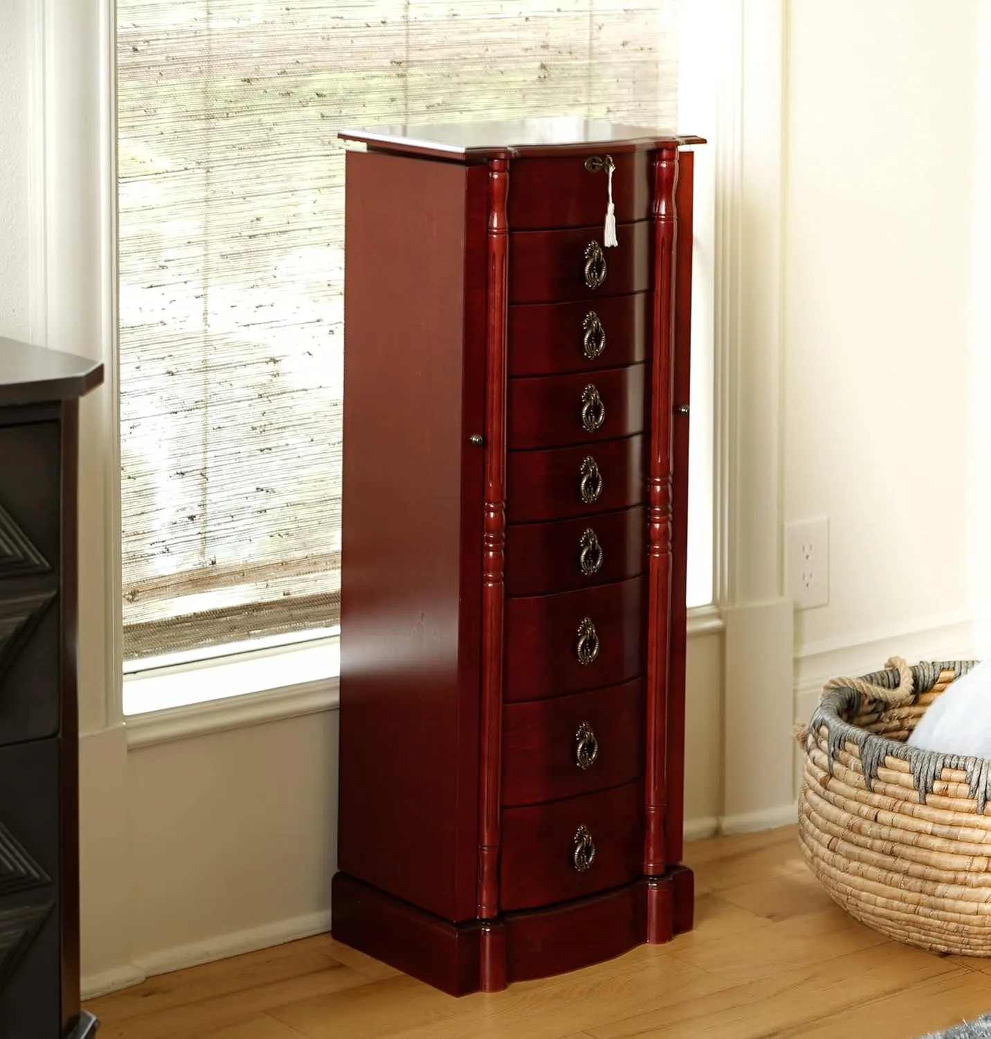 Hives and Honey - Robyn Jewelry Armoire - Antique Style Locking Storage for Organized Jewelry, 38"H x 14"W x 10"D - Cherry