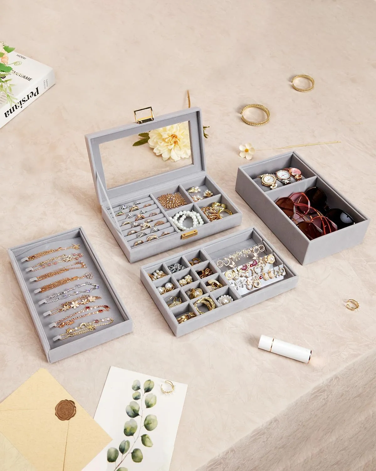 Homde Jewelry Tray Stackable Jewelry Box Drawer Organizer with Glass Lid, Removable Dividers for Vanity Table Gift Idea for Girls and Women (Gray)