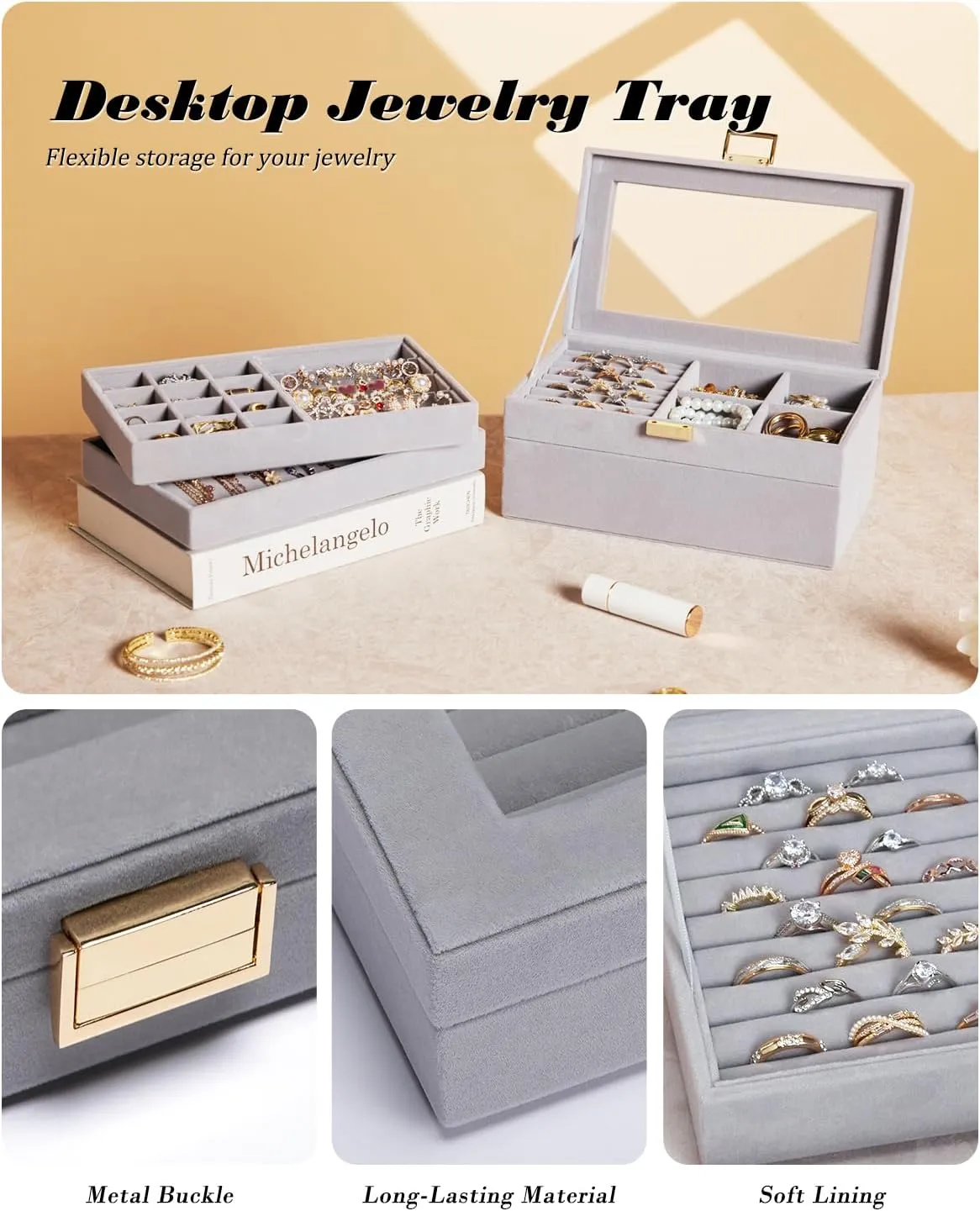 Homde Jewelry Tray Stackable Jewelry Box Drawer Organizer with Glass Lid, Removable Dividers for Vanity Table Gift Idea for Girls and Women (Gray)