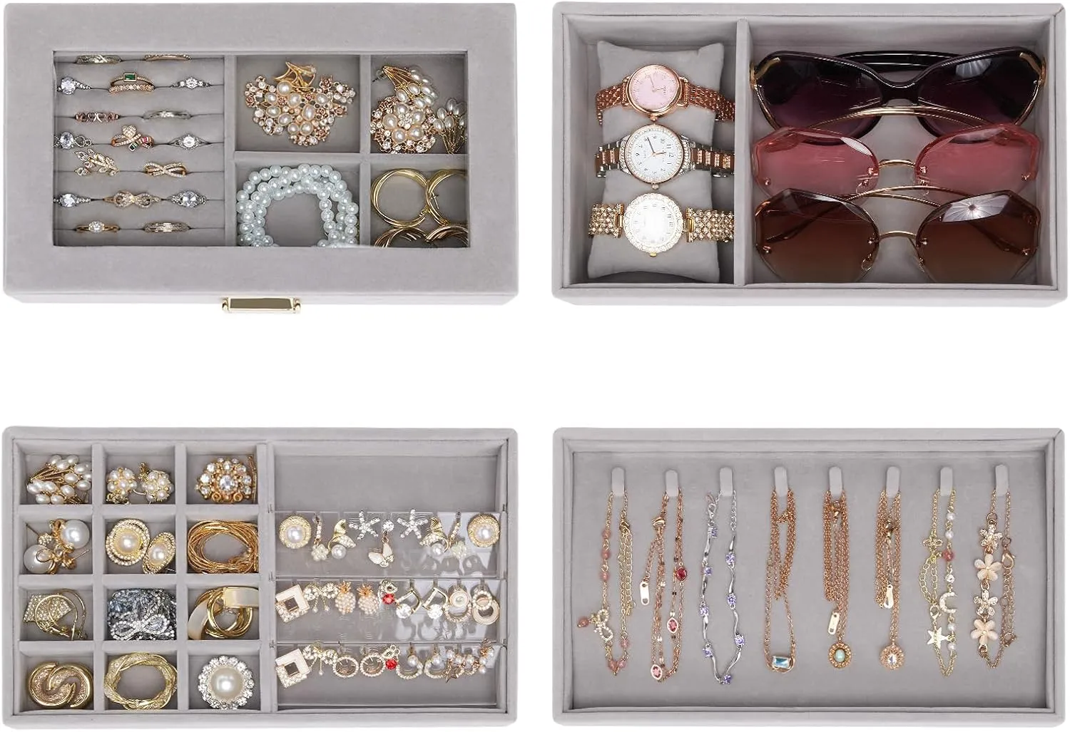 Homde Jewelry Tray Stackable Jewelry Box Drawer Organizer with Glass Lid, Removable Dividers for Vanity Table Gift Idea for Girls and Women (Gray)