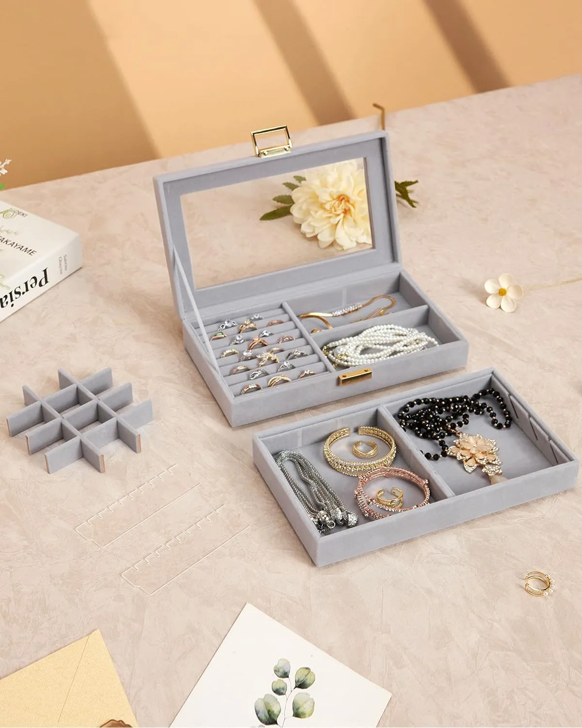 Homde Jewelry Tray Stackable Jewelry Box Drawer Organizer with Glass Lid, Removable Dividers for Vanity Table Gift Idea for Girls and Women (Gray)