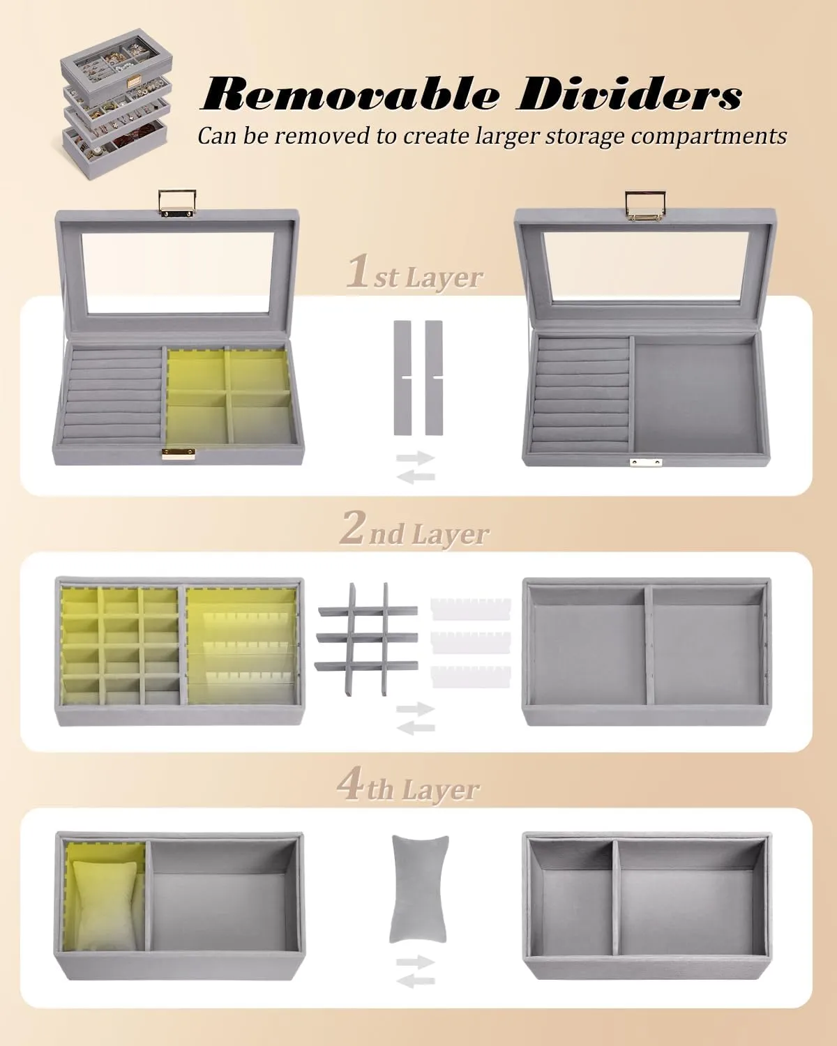 Homde Jewelry Tray Stackable Jewelry Box Drawer Organizer with Glass Lid, Removable Dividers for Vanity Table Gift Idea for Girls and Women (Gray)