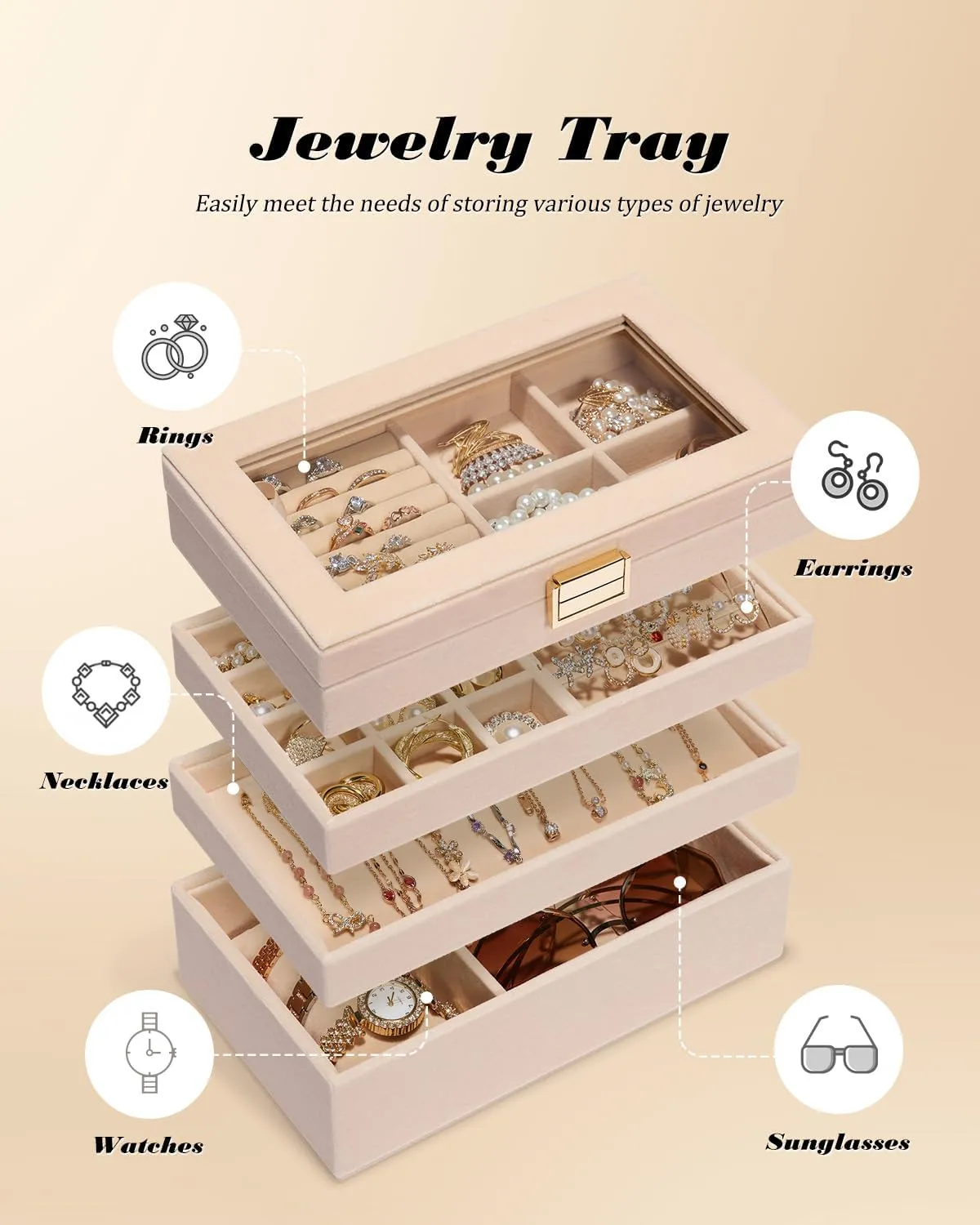 Homde Jewelry Tray Stackable Jewelry Box Drawer Organizer with Glass Lid, Removable Dividers for Vanity Table Gift Idea for Girls and Women(Apricot)