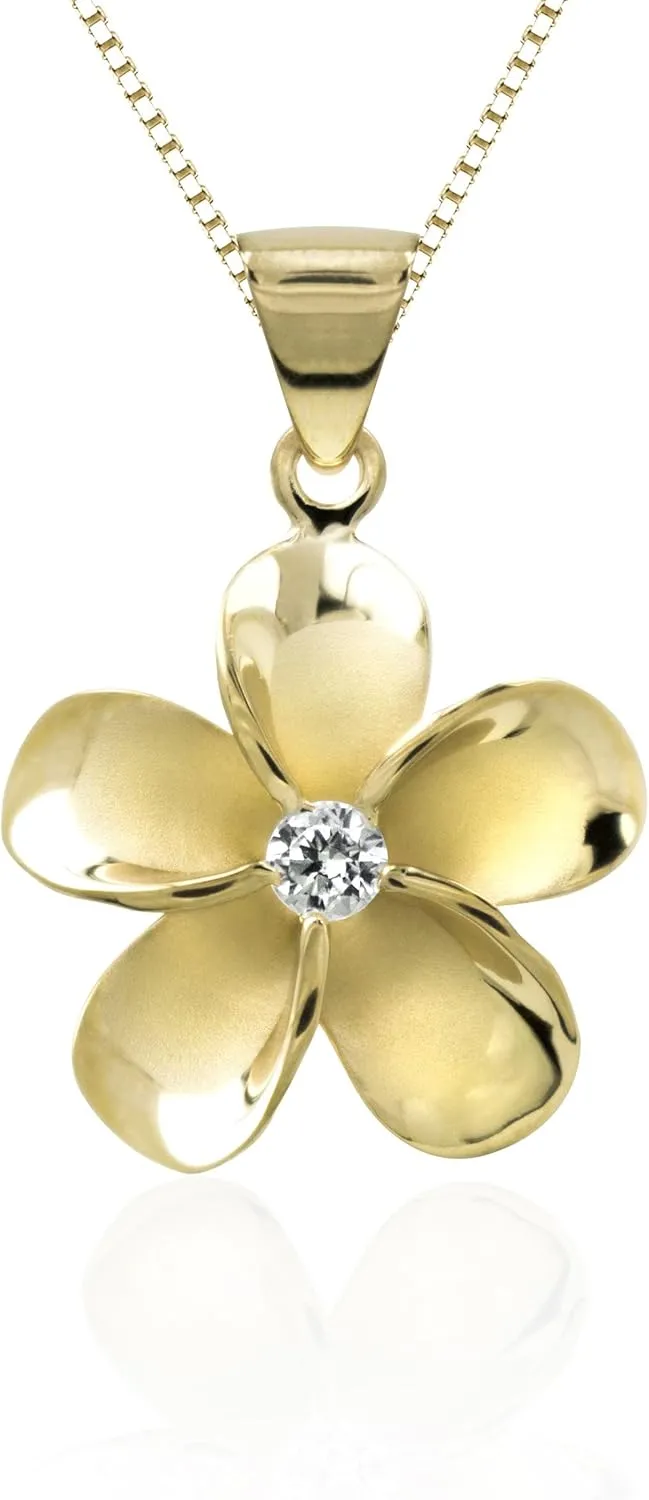 Honolulu Jewelry Company 14K Yellow Gold Plated Sterling Silver CZ Plumeria Flower Nature Pendant Necklace with 18" Box Chain