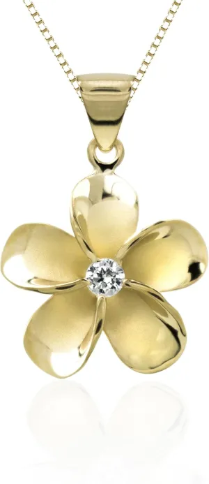 Honolulu Jewelry Company 14K Yellow Gold Plated Sterling Silver CZ Plumeria Flower Nature Pendant Necklace with 18" Box Chain