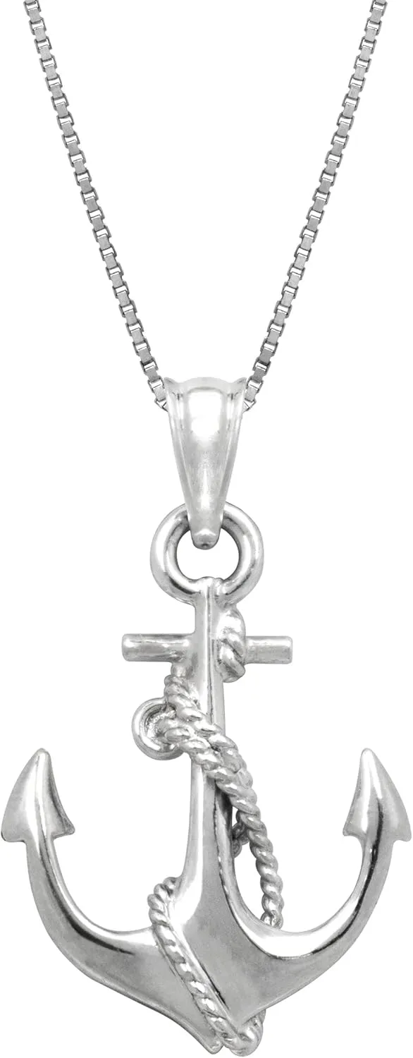 Honolulu Jewelry Company Sterling Silver Ship Anchor and Rope Nautical Necklace Pendant with 18" Box Chain