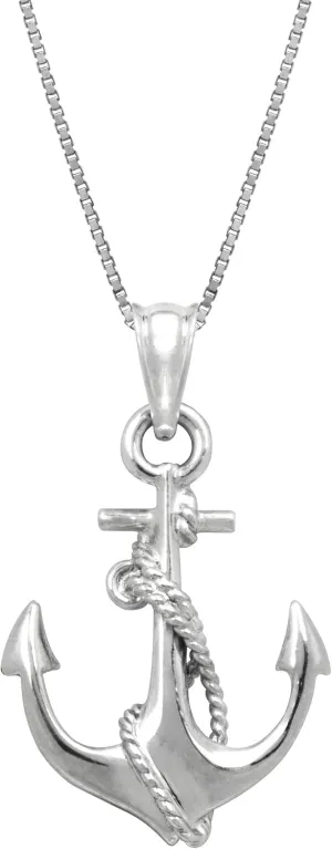 Honolulu Jewelry Company Sterling Silver Ship Anchor and Rope Nautical Necklace Pendant with 18" Box Chain