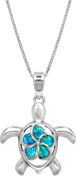 Honolulu Jewelry Company Sterling Silver Turtle Ocean Sea Life Necklace Pendant with Simulated Blue Opal Plumeria Flower Nature 18" Box Chain