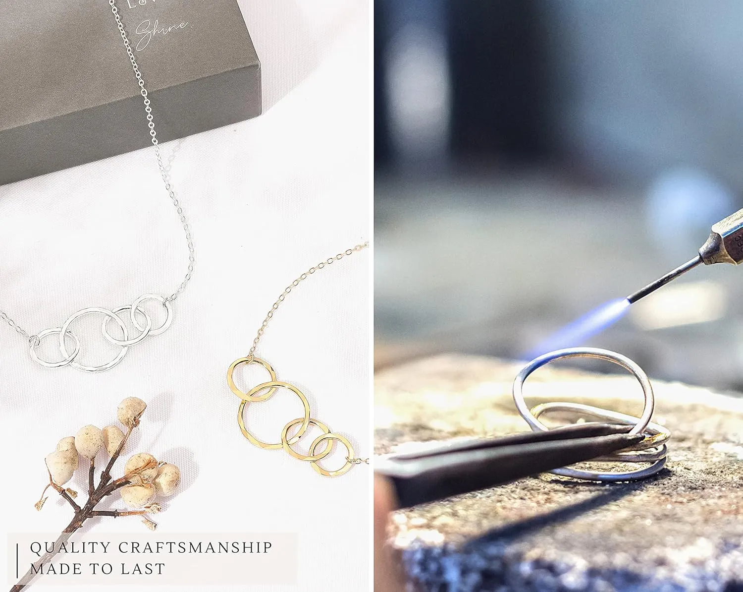 HOPE LOVE SHINE Birthday Necklace  Fashion Jewelry 16 2", 14K Gold Plated Sterling Silver with 3 Interlocking Rings, Hypoallergenic and Comfortable  A Thoughtful Choice for Birthday for Women