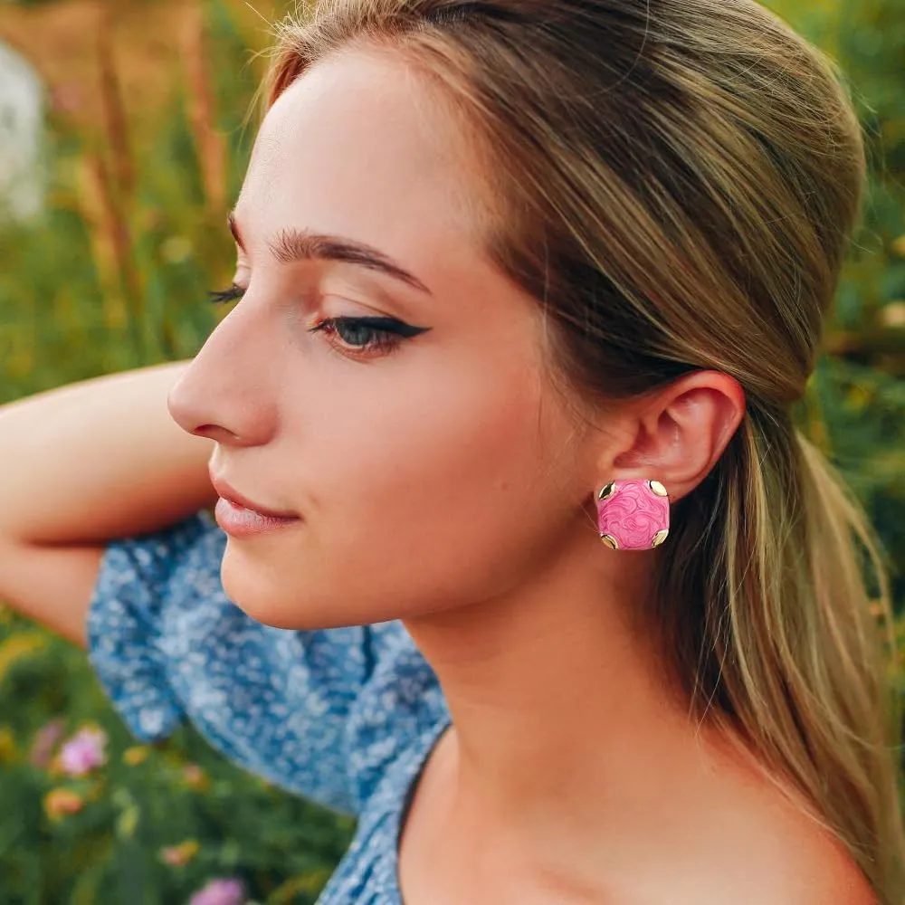 Hot Pink Gold Plated Earrings for Women, Cute Love Heart Flower Large Zirconia CZ Dangle Stud Earrings Jewelry for Women Trendy Gifts