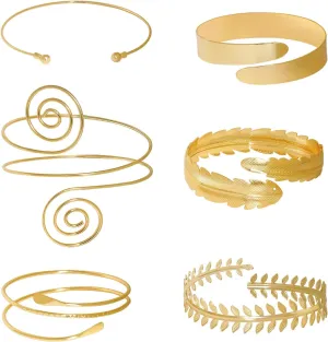 hoyuwak 6 Pcs Arm Cuff Bracelets for Women Minimalist Simple Swirl Coil Upper Arm Band Cuff Bracelet Adjustable Gold Armband Set