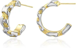 Hypoallergenic Chunky Mixed Metal Hoop Earrings with 925 Sterling Silver Post, Gold and Silver, Trendy and Safe Gift for Sensitive Ears, Office to Party & Modern Minimalists
