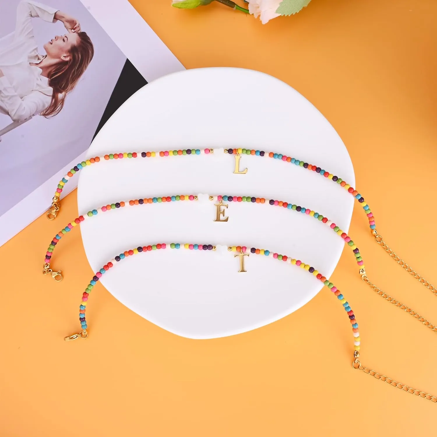 Initial Anklets for Women Colorful Beads Ankle Bracelets for Women Teen Girls Handmade Gold Plated Letter Anklet Bohemian Initial Anklets Summer Beach Foot Jewelry Gift