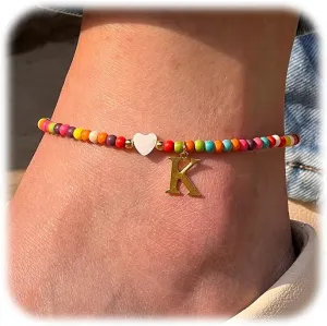 Initial Anklets for Women Colorful Beads Ankle Bracelets for Women Teen Girls Handmade Gold Plated Letter Anklet Bohemian Initial Anklets Summer Beach Foot Jewelry Gift