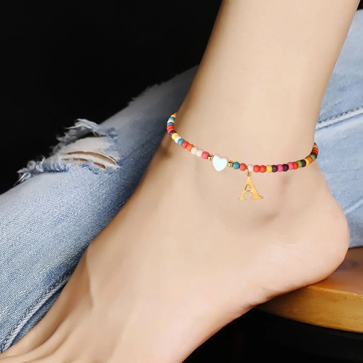 Initial Anklets for Women Colorful Beads Ankle Bracelets for Women Teen Girls Handmade Gold Plated Letter Anklet Bohemian Initial Anklets Summer Beach Foot Jewelry Gift