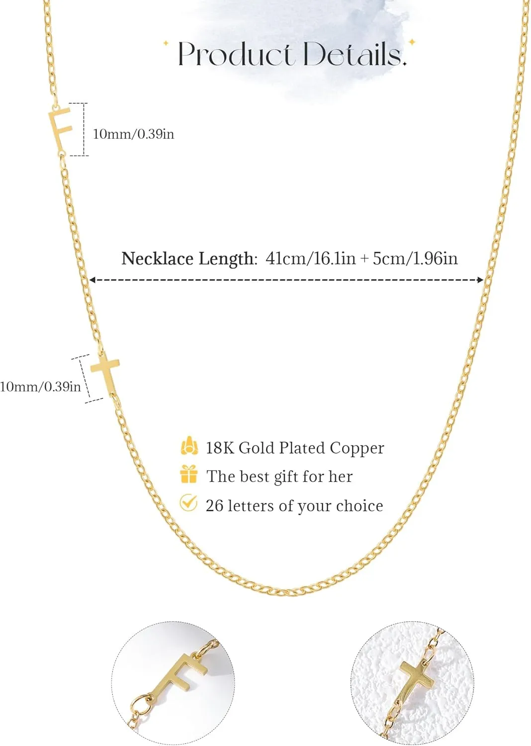 Initial Necklaces for Women, 18k Gold Plated Sideways Letter Necklace Dainty Cross Custom Name Necklace Personalized Jewelry Gift