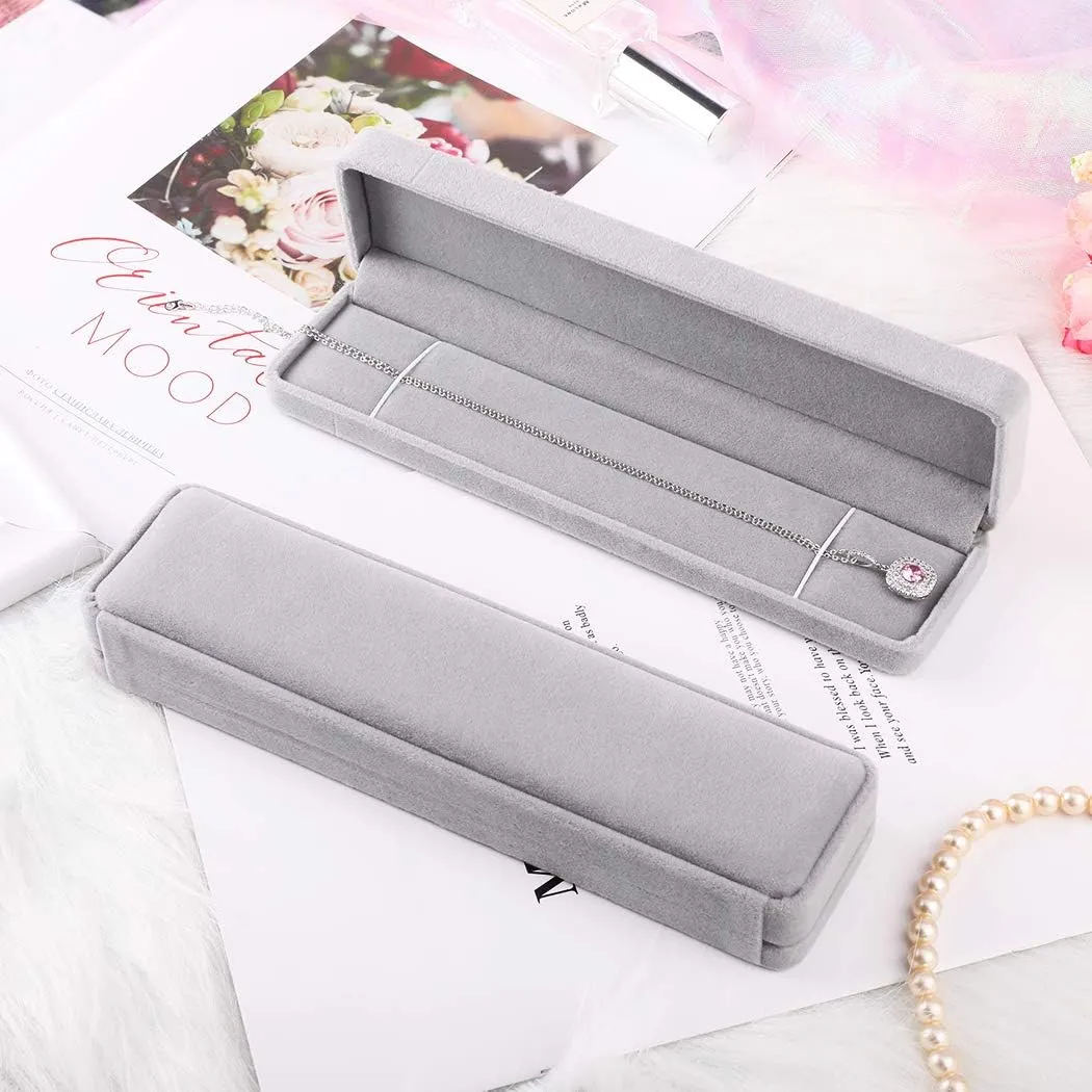 iSuperb Set of 2 Velvet Long Chain Necklace Gift Box Bulk Jewelry Box Bracelet Pendant Display Case Gray for Girls Wedding Engagment Valentine's Day