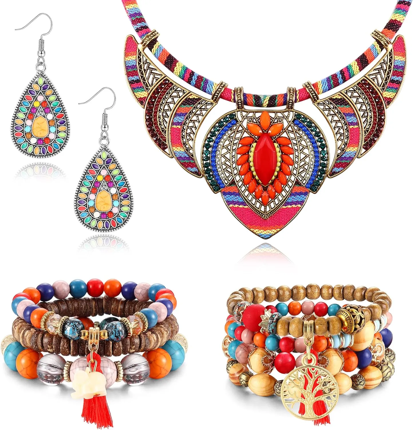 JeryWe 4 Pcs Bohemian Jewelry Set for Women Ethnic Style Costume Necklace Multilayer Boho Stretch Beaded Bracelet Vintage Boho Dangle Earrings, Cubic Zirconia