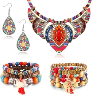 JeryWe 4 Pcs Bohemian Jewelry Set for Women Ethnic Style Costume Necklace Multilayer Boho Stretch Beaded Bracelet Vintage Boho Dangle Earrings, Cubic Zirconia