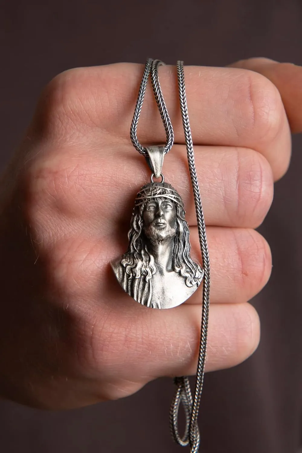 Jesus Head Religious Sterling Silver Pendant,Thorn Crown Jesus Christ Head, Silver Jesus Necklace, Christian Silver, Religious Jewelry, Jesus Christ Pendants, (Silver Black Rhodium Plated)
