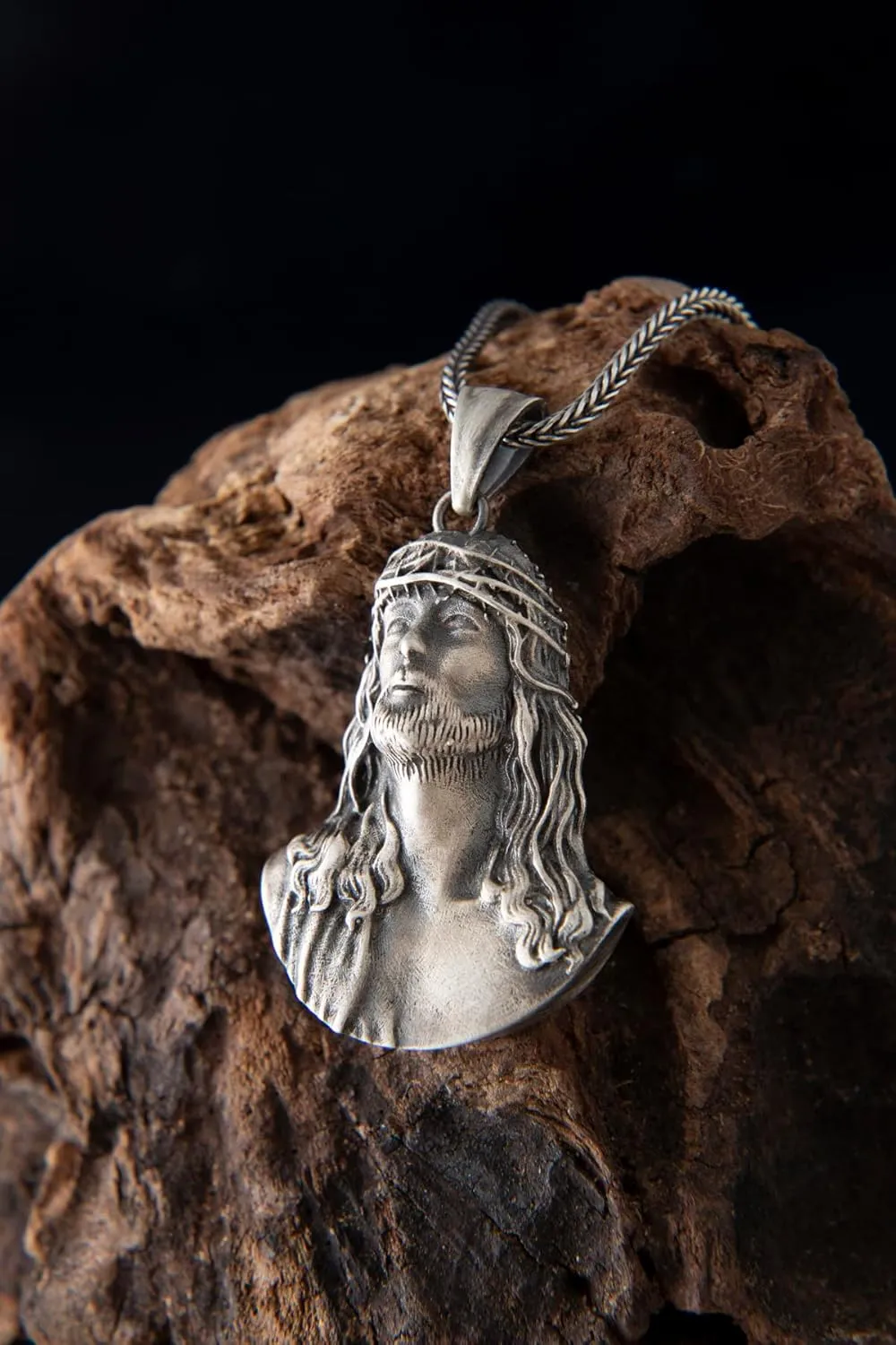Jesus Head Religious Sterling Silver Pendant,Thorn Crown Jesus Christ Head, Silver Jesus Necklace, Christian Silver, Religious Jewelry, Jesus Christ Pendants, (Silver Black Rhodium Plated)