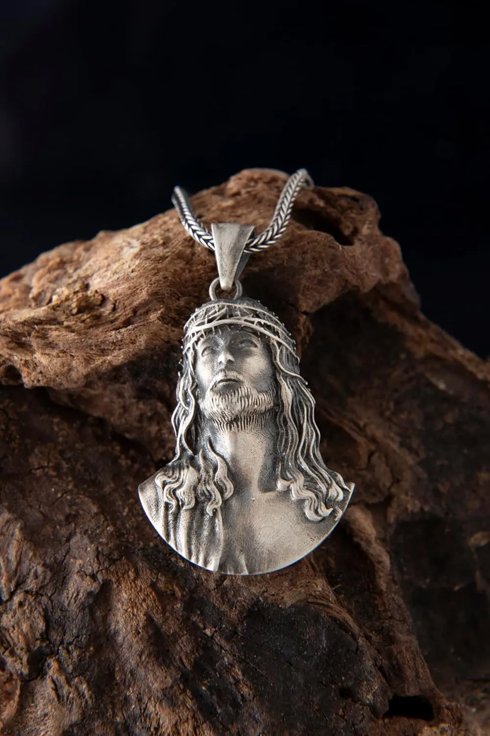 Jesus Head Religious Sterling Silver Pendant,Thorn Crown Jesus Christ Head, Silver Jesus Necklace, Christian Silver, Religious Jewelry, Jesus Christ Pendants, (Silver Black Rhodium Plated)