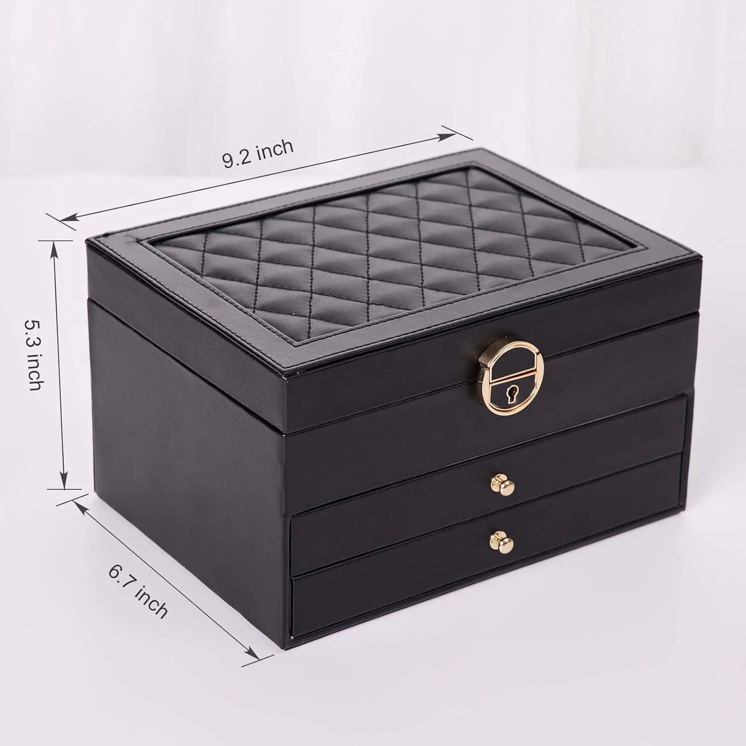 Jewelry Box for Women Girls, Large PU Leather Jewelry Organizer with 2 drawers for Christmas and New Year Gifts-Black