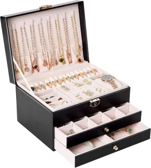 Jewelry Box for Women Girls, Large PU Leather Jewelry Organizer with 2 drawers for Christmas and New Year Gifts-Black