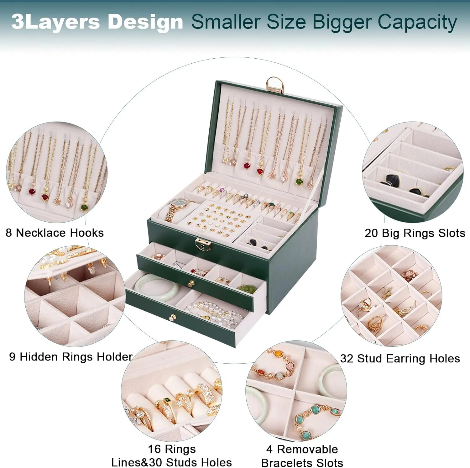 Jewelry Box for Women Girls, Large PU Leather Jewelry Organizer with 2 drawers for Christmas and New Year Gifts-Green