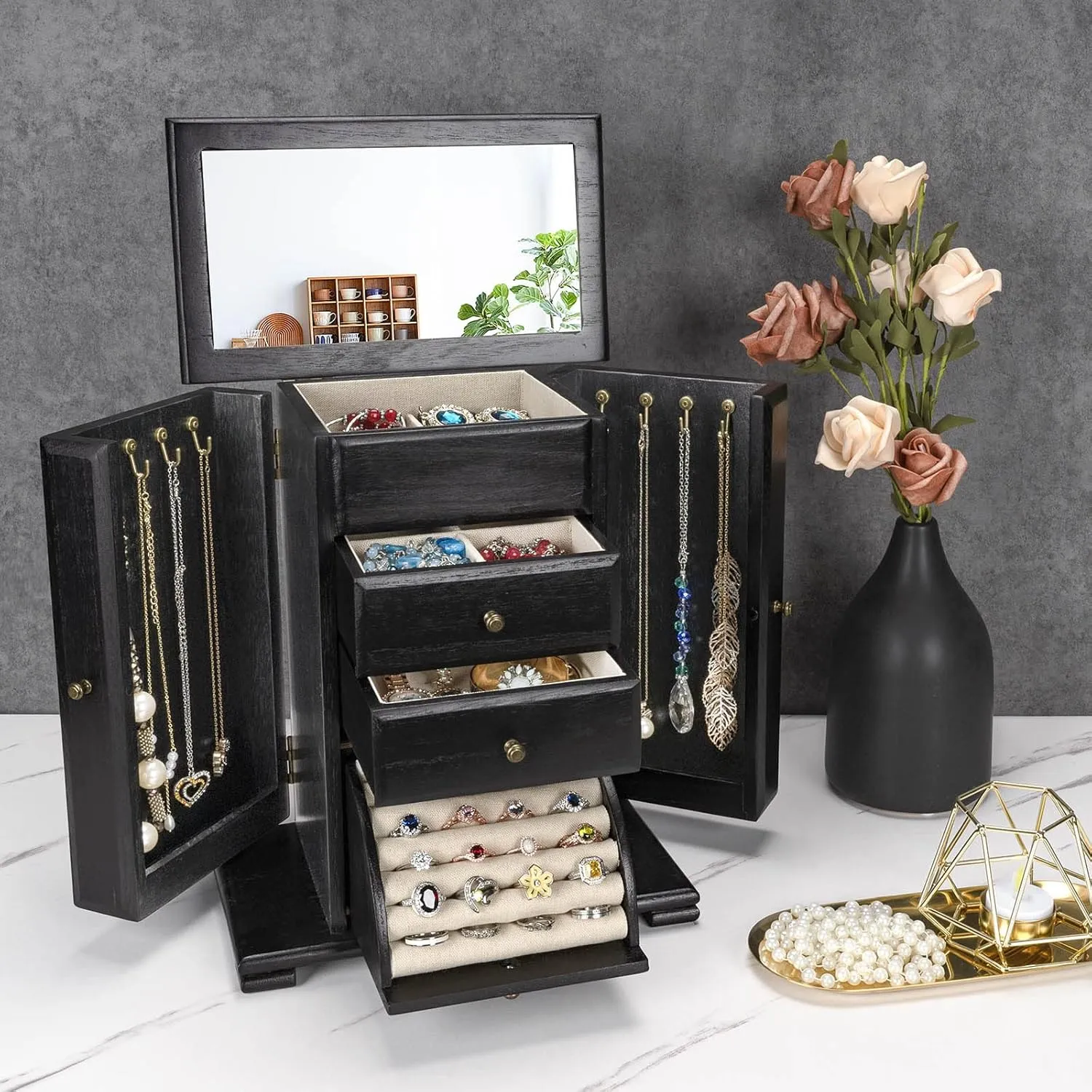 Jewelry Box for Women, Rustic Wooden Jewelry Boxes & Organizers with Mirror, 4 Layer Jewelry Organizer Box Display for Rings Earrings Necklaces Bracelets (Black)
