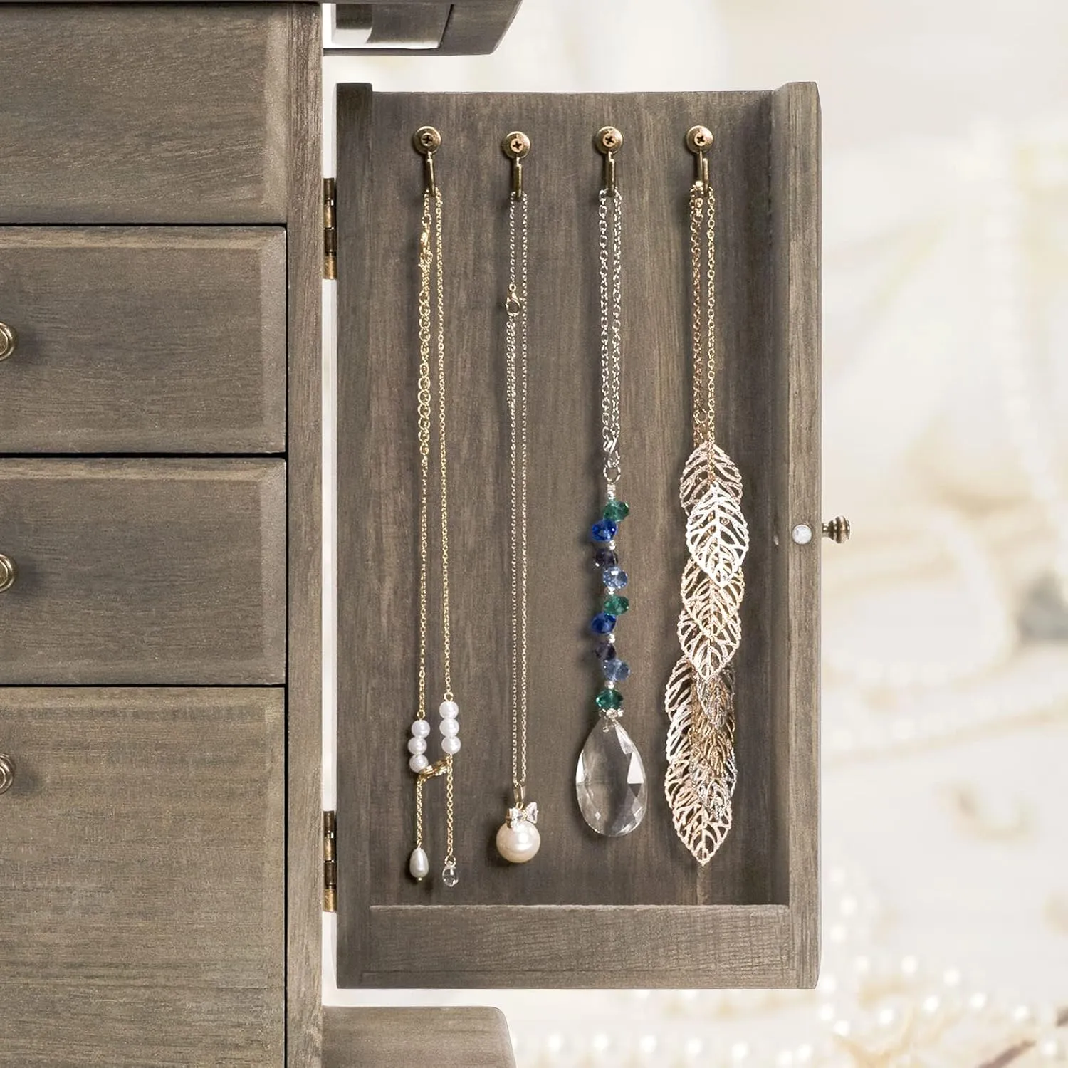 Jewelry Box for Women, Rustic Wooden Jewelry Boxes & Organizers with Mirror, 4 Layer Jewelry Organizer Box Display for Rings Earrings Necklaces Bracelets (Weathered Gray)