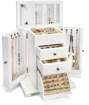 Jewelry Box for Women, Rustic Wooden Jewelry Boxes & Organizers with Mirror, 4 Layer Jewelry Organizer Box Display for Rings Earrings Necklaces Bracelets (Weathered White)