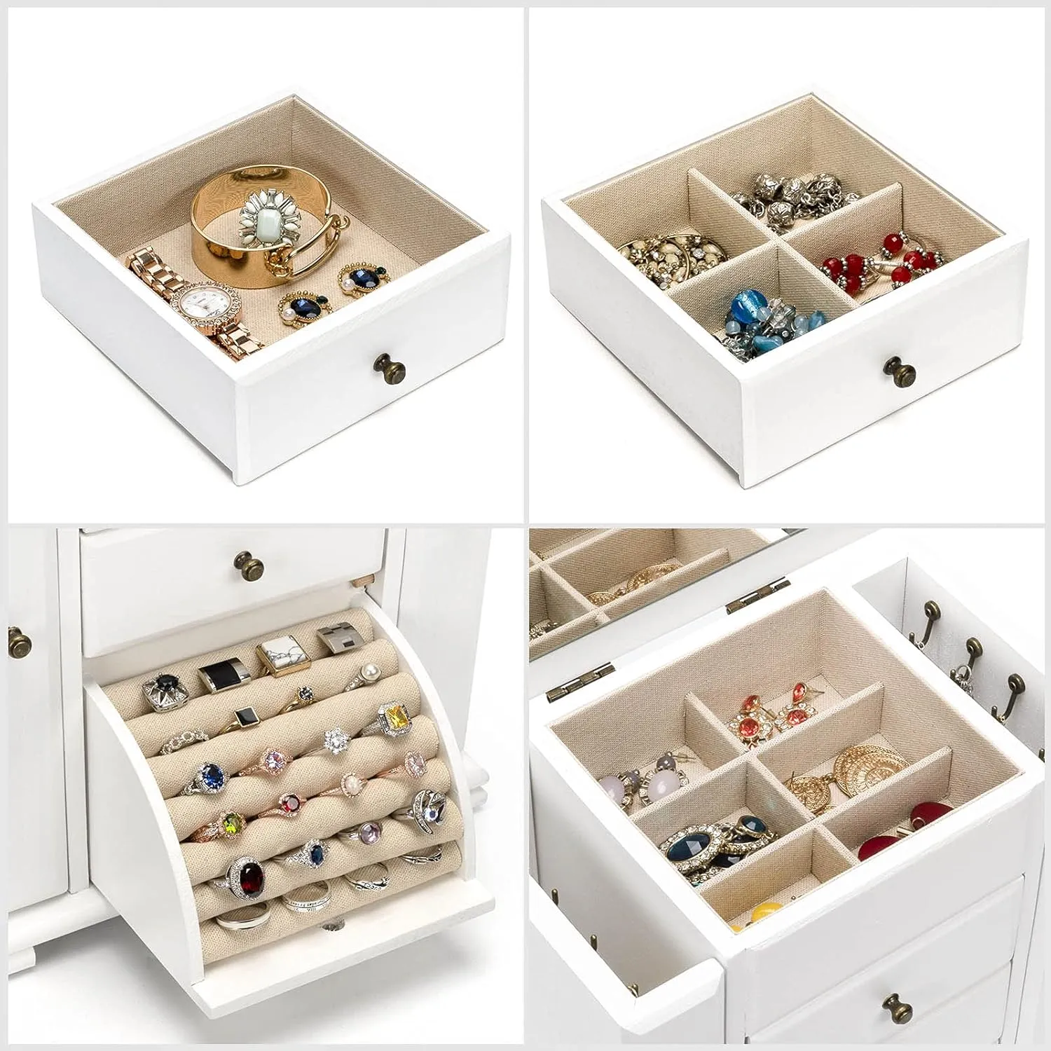 Jewelry Box for Women, Rustic Wooden Jewelry Boxes & Organizers with Mirror, 4 Layer Jewelry Organizer Box Display for Rings Earrings Necklaces Bracelets (Weathered White)