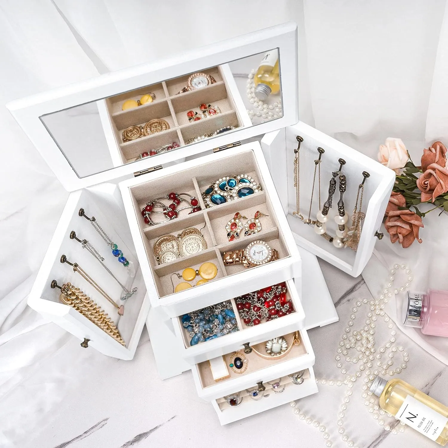 Jewelry Box for Women, Rustic Wooden Jewelry Boxes & Organizers with Mirror, 4 Layer Jewelry Organizer Box Display for Rings Earrings Necklaces Bracelets (Weathered White)