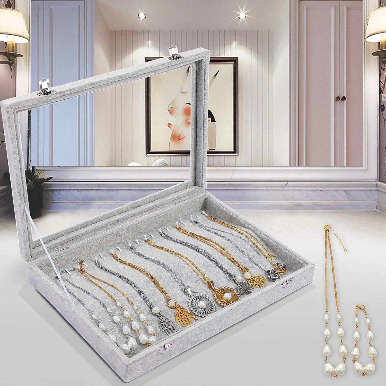 Jewelry Tray Organizer Box with Clear Lid Velvet Tray for Jewelry Storage Display Case 20 Hooks Insert Necklaces Pendants Dustproof Box Organizer (Grey)